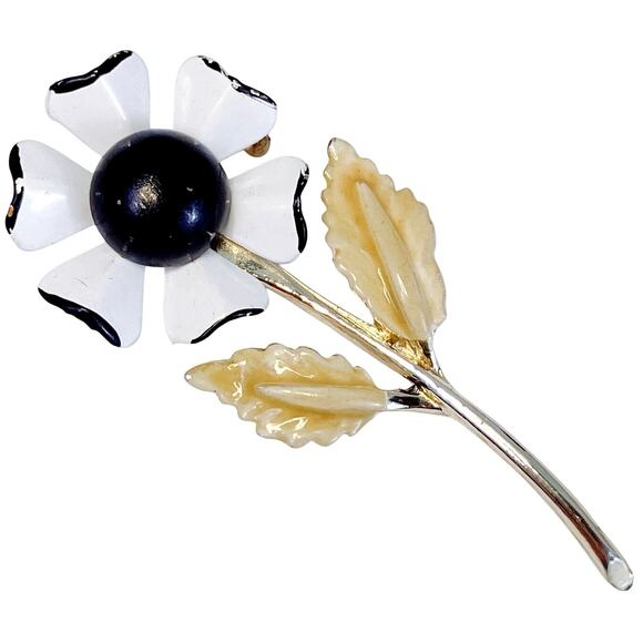 VTG 1960s Brooch Mod Enamel Flower Black White Mid Century Statement Pin - Picture 1 of 9